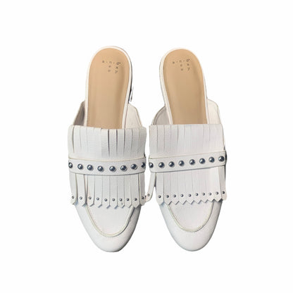 Women's Beaded Accent Faux Leather White Fringe Mules  Size 11