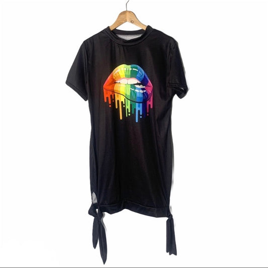 Black Short Sleeve Rainbow Kiss T Shirt Dress