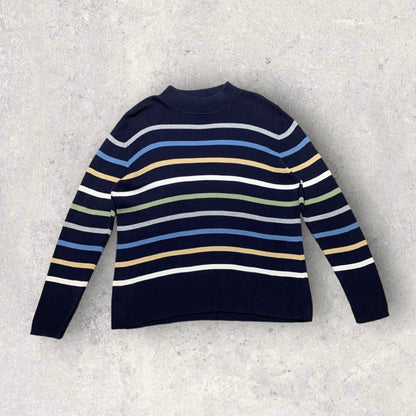 Vintage Karen Scott Gorpcore Ribbed Striped Blue Mock Neck Sweater Women’s Size XL