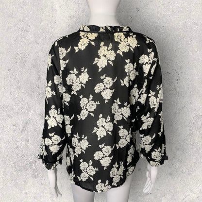 Vintage Kathy Che Black & White Floral Print Sheer Ruffle Button Front Blouse
