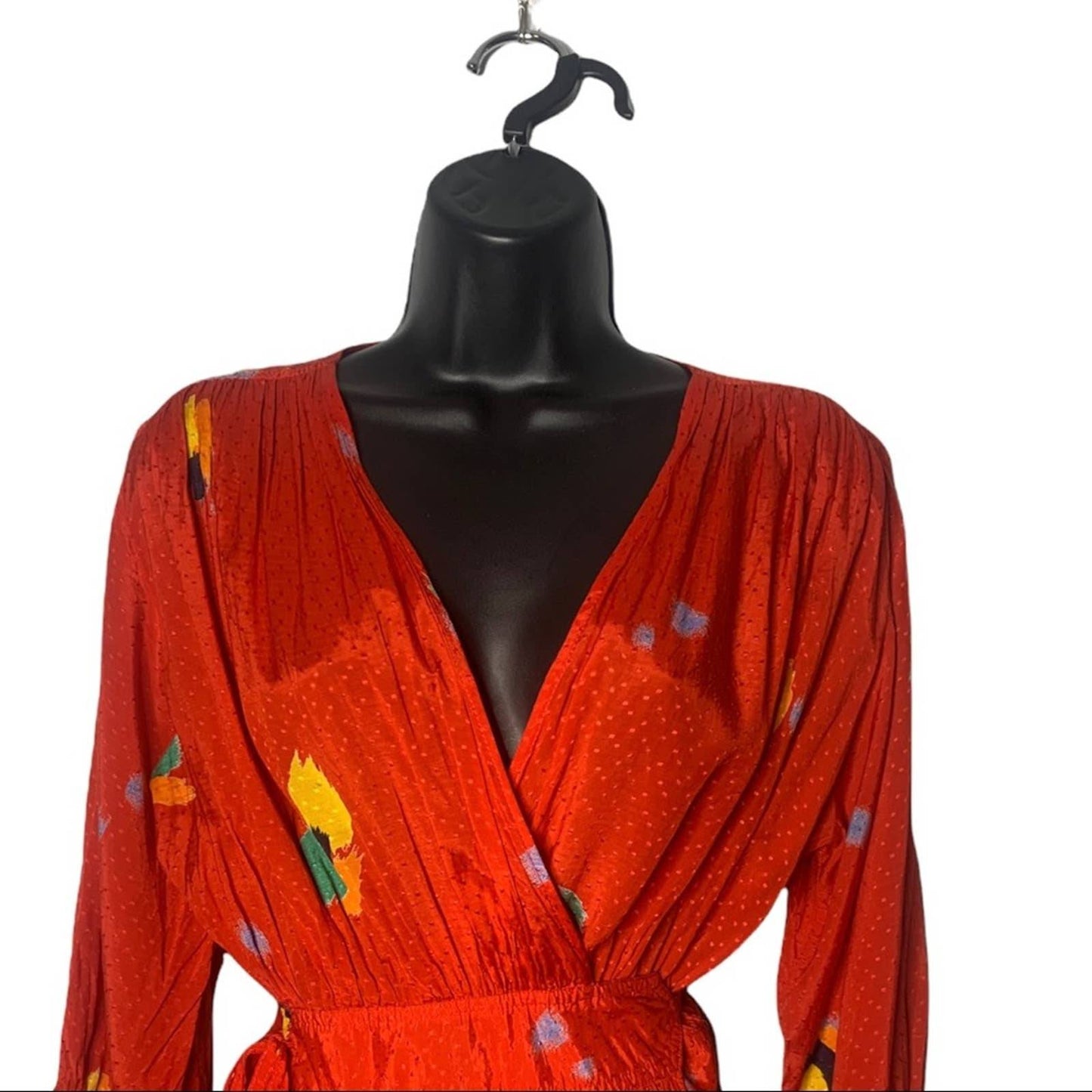 Vintage Tropical Print Satin Women’s Red Wrap Dress