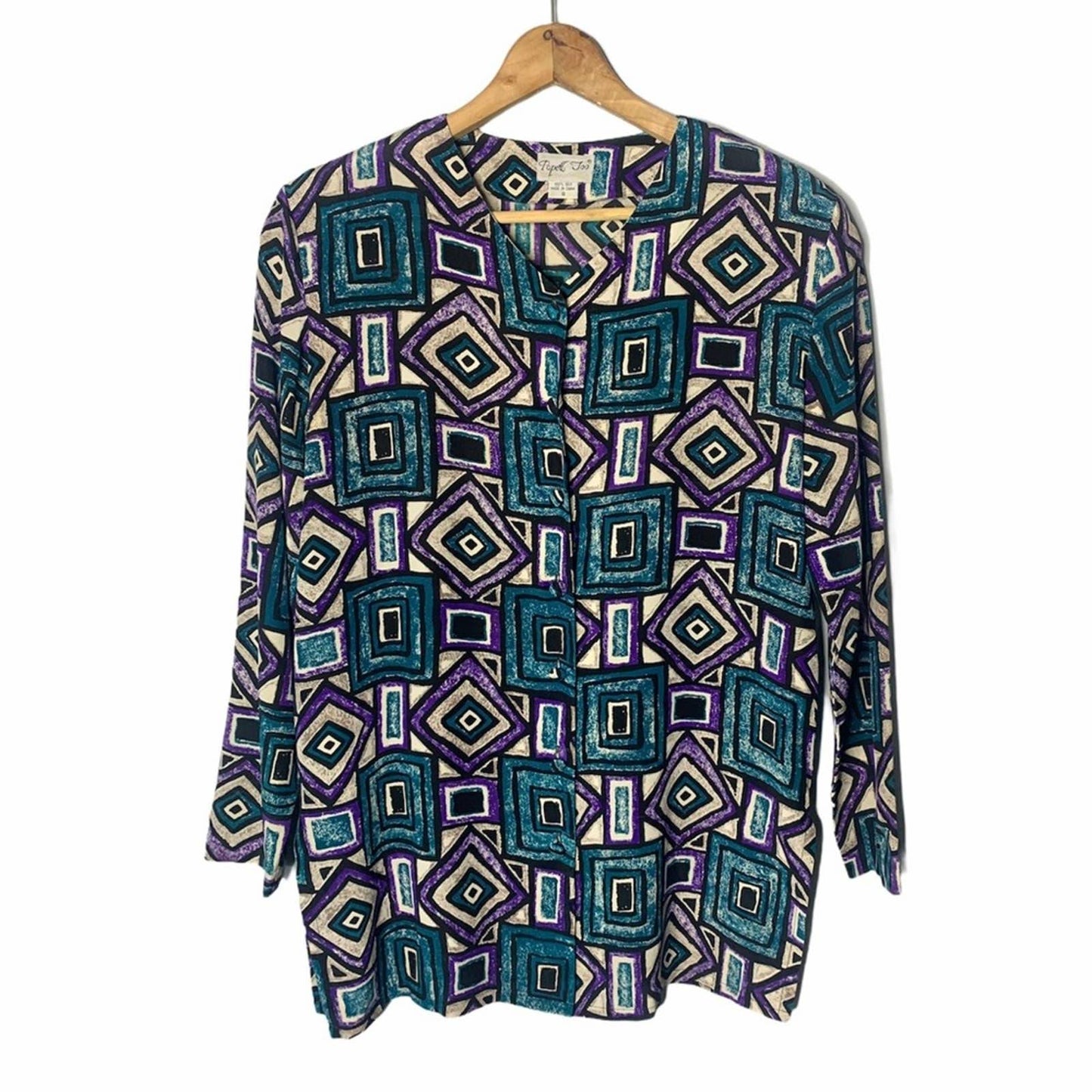 Vintage Papell Too Women’s Green Geometric Print Silk Button Blouse Size 8