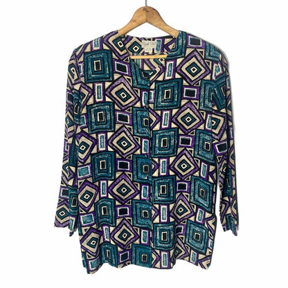 Vintage Papell Too Women’s Green Geometric Print Silk Button Blouse Size 8