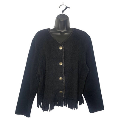 Vintage Button Front Fringe Black Wool Blend Cardigan