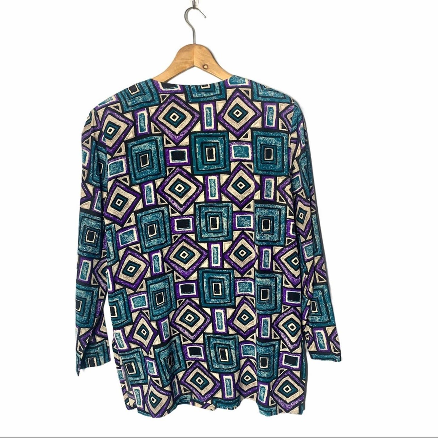 Vintage Papell Too Women’s Green Geometric Print Silk Button Blouse Size 8
