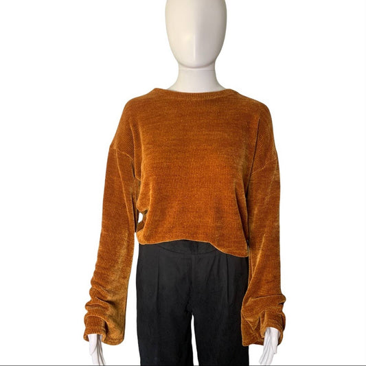 Women’s Velour Texture Cinnamon Orange Angel Sleeve Crop Sweater Size XL