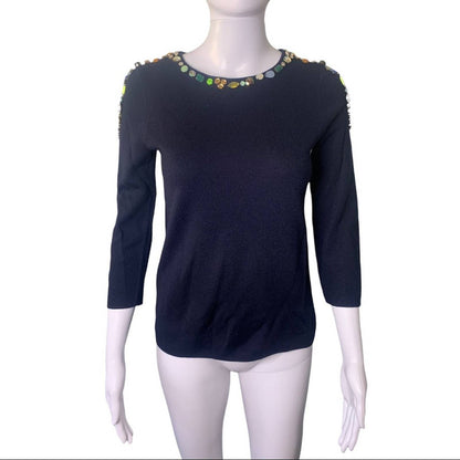 Women's Jeweled Collar Blue 3/4 Sleeve Sweater Size XXS