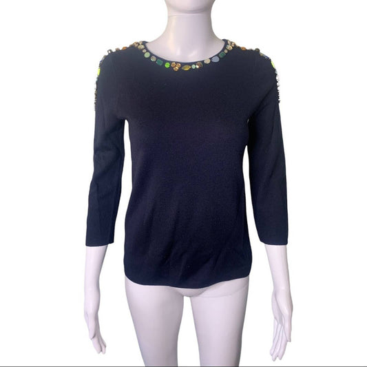 Women's Jeweled Collar Blue 3/4 Sleeve Sweater Size XXS