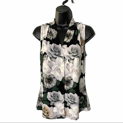Women's White Rose Print Sleeveless Blouse Size XS