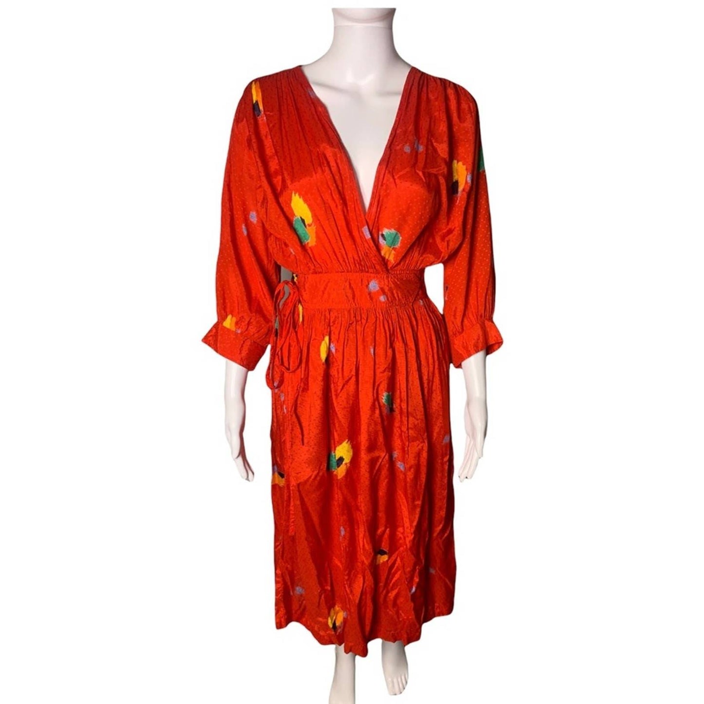 Vintage Tropical Print Satin Women’s Red Wrap Dress