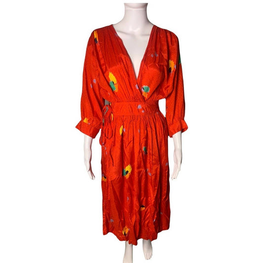 Vintage Tropical Print Satin Women’s Red Wrap Dress