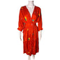 Vintage Tropical Print Satin Women’s Red Wrap Dress