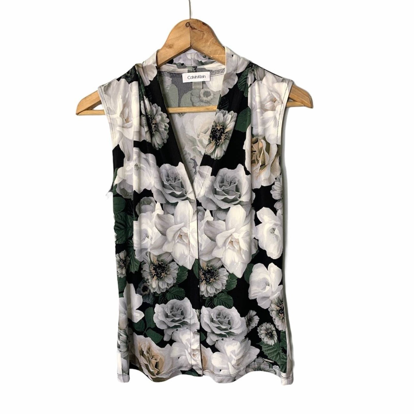 Women's White Rose Print Sleeveless Blouse Size XS