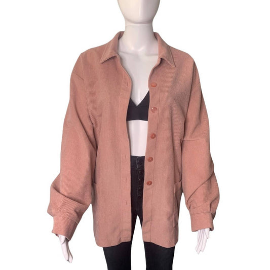 Vintage 90s Ribbed Women’s Pink Button Down Shacket Shirt Jacket