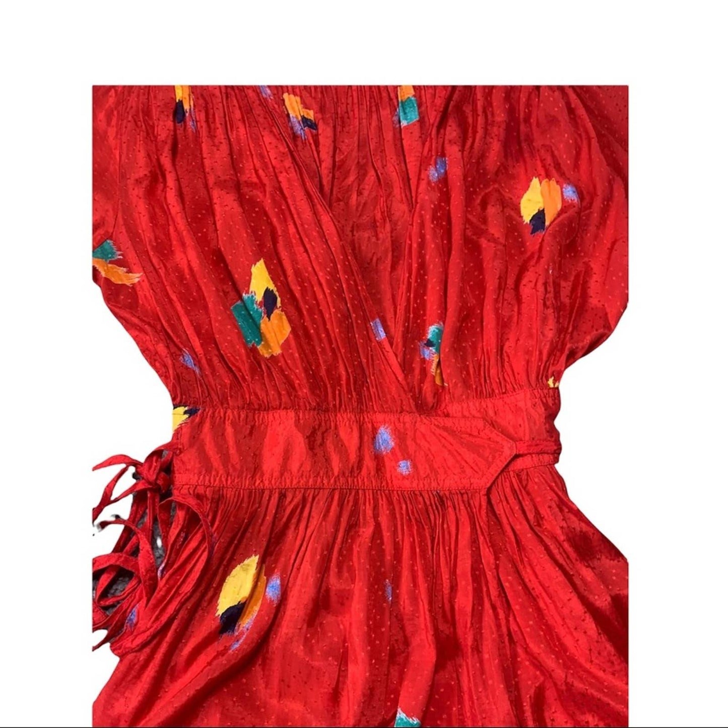 Vintage Tropical Print Satin Women’s Red Wrap Dress