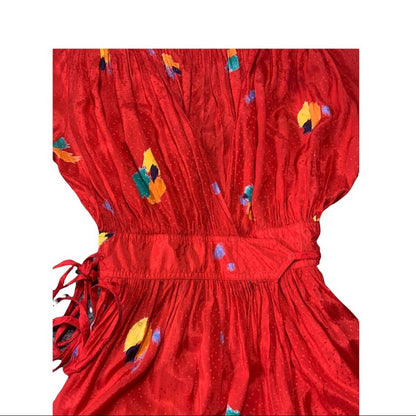 Vintage Tropical Print Satin Women’s Red Wrap Dress