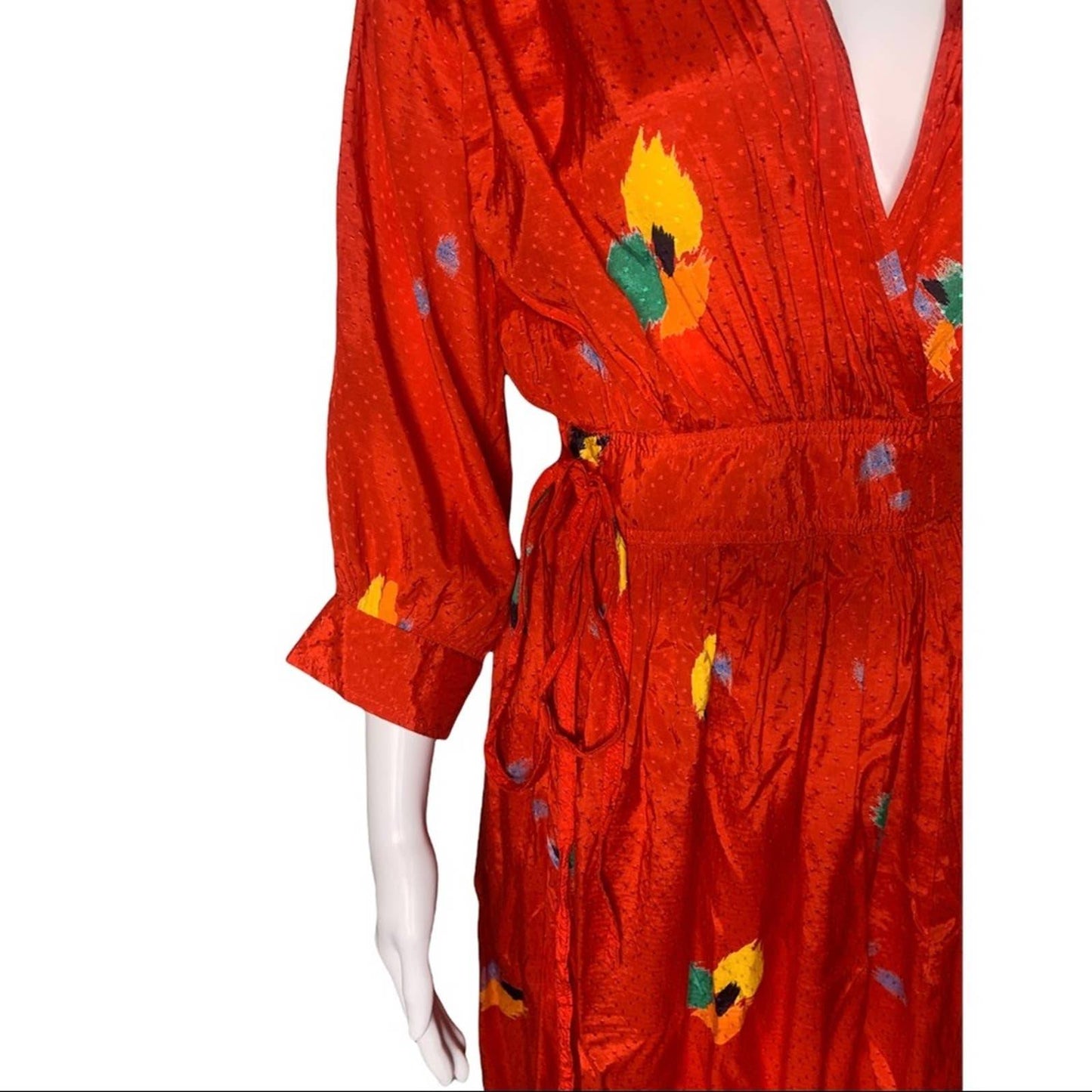 Vintage Tropical Print Satin Women’s Red Wrap Dress