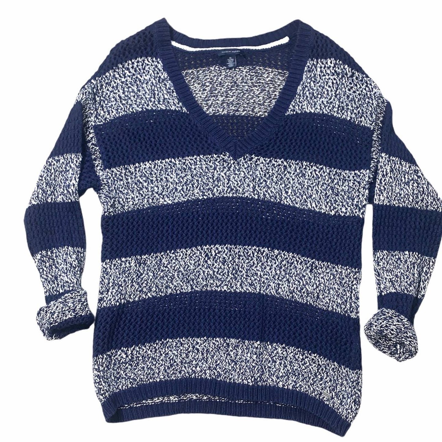 Women’s Open Knot Blue Striped V Neck Sweater Size XL