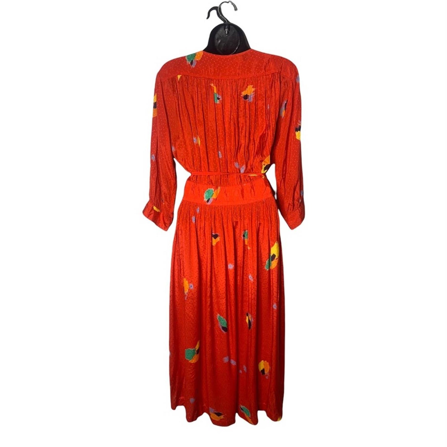 Vintage Tropical Print Satin Women’s Red Wrap Dress