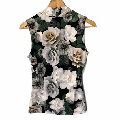 Women's White Rose Print Sleeveless Blouse Size XS