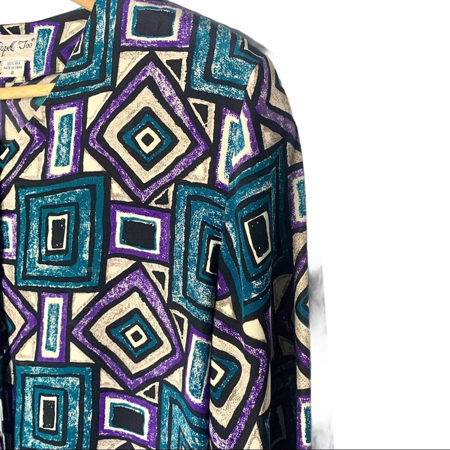 Vintage Papell Too Women’s Green Geometric Print Silk Button Blouse Size 8