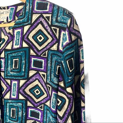 Vintage Papell Too Women’s Green Geometric Print Silk Button Blouse Size 8