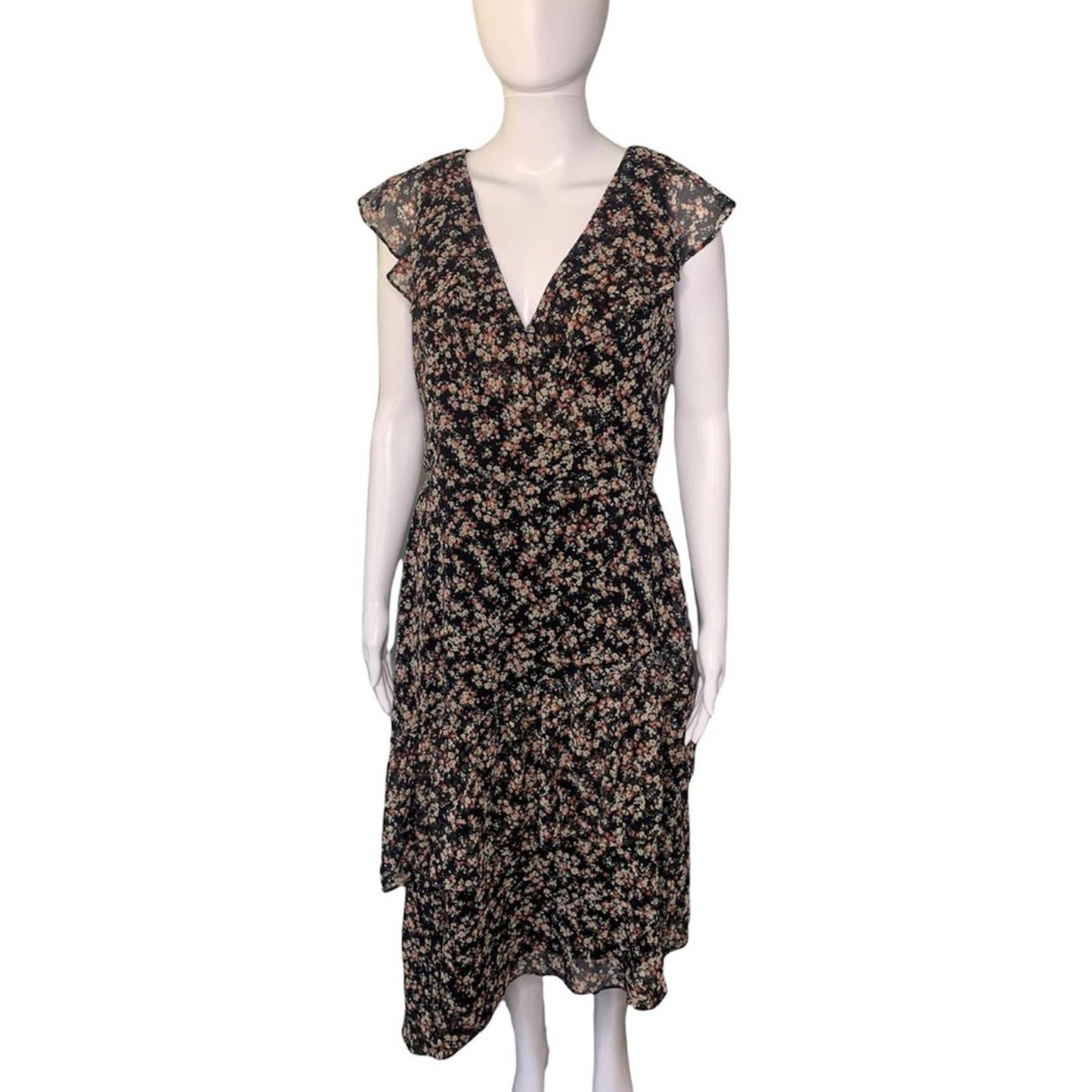 Women's Floral Print Ruffle Sleeve Asymmetrical Hem Dress Size Small