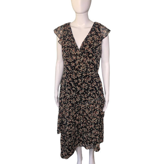Women's Floral Print Ruffle Sleeve Asymmetrical Hem Dress Size Small