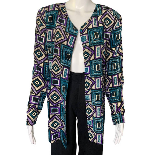 Vintage Papell Too Women’s Green Geometric Print Silk Button Blouse Size 8