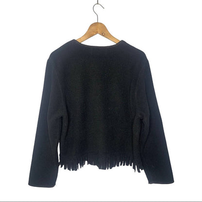 Vintage Button Front Fringe Black Wool Blend Cardigan