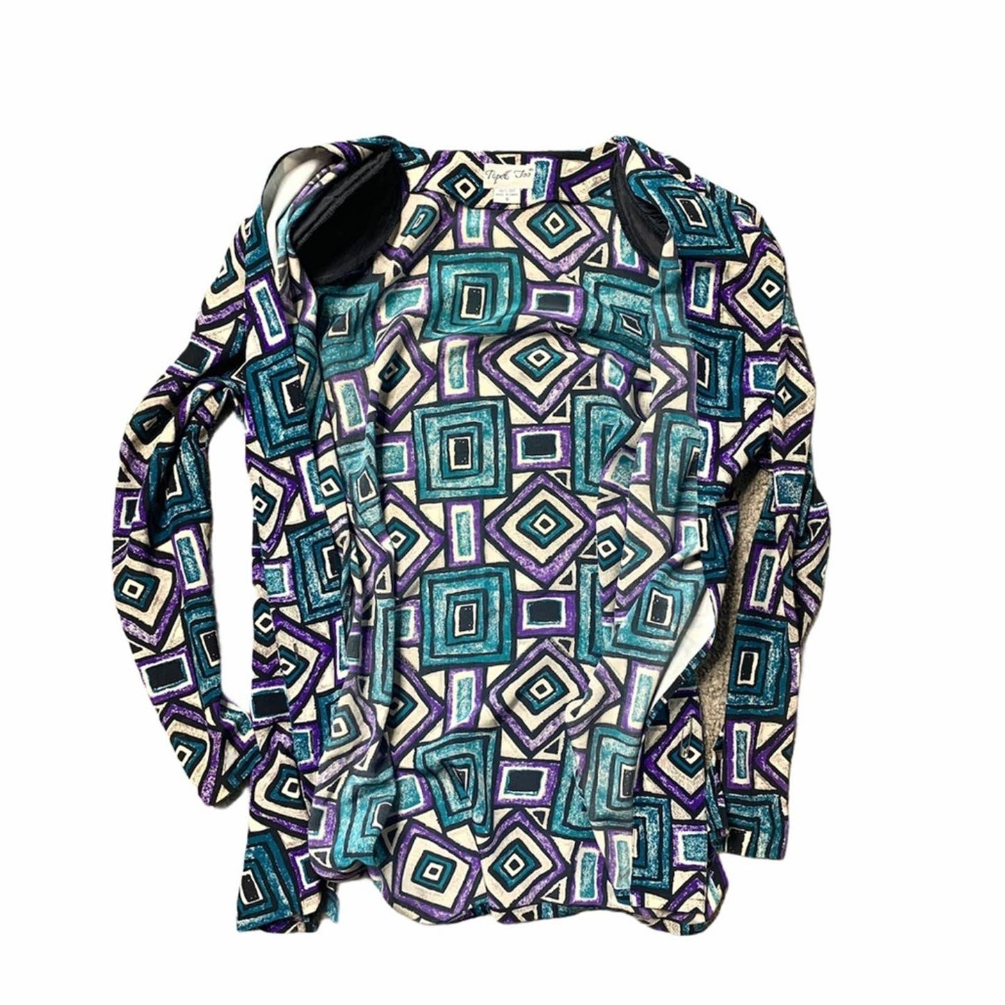 Vintage Papell Too Women’s Green Geometric Print Silk Button Blouse Size 8