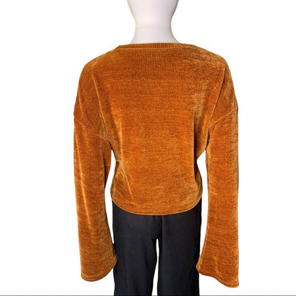 Women’s Velour Texture Cinnamon Orange Angel Sleeve Crop Sweater Size XL
